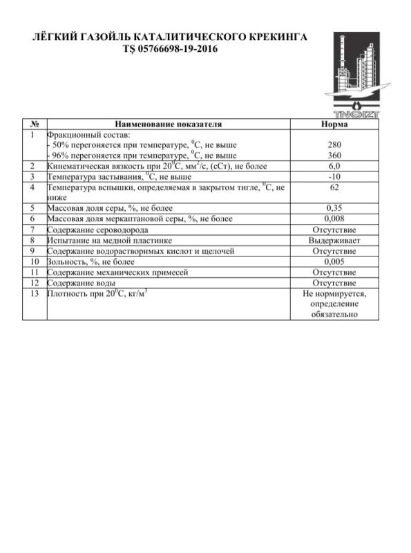 Легкий газойль ТКНПЗ